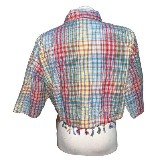 Onque Casuals Vintage Plaid Tassel Hem Collared Crop Top Sz Large Womens MultiCo - Picture 2 of 7